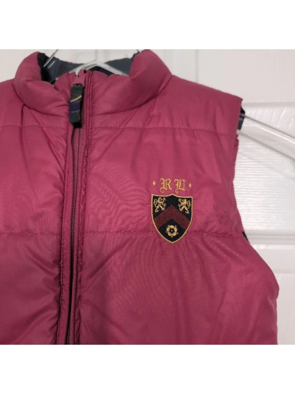 Ralph Lauren Stripe Down Puffer Vest Girls Size 6X Pink Blue Crest Reversible